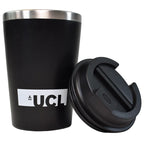 Black insulated tumbler with a UCL logo 