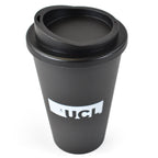 Black travel mug with a white UCL logo 