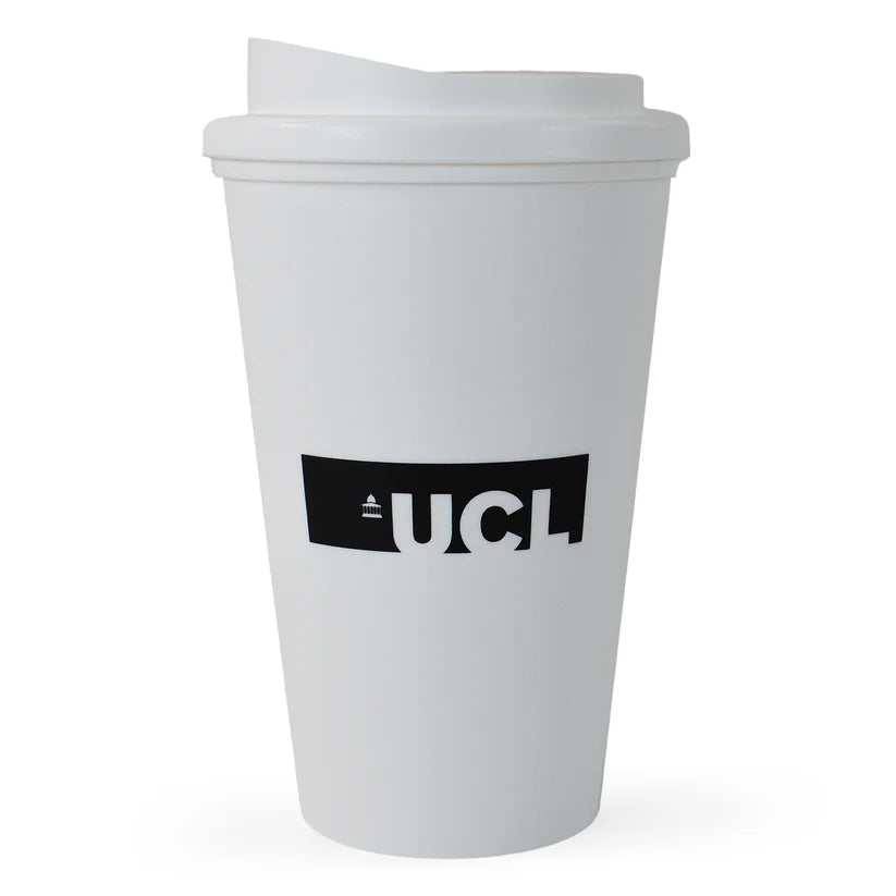 White insulated coffee travel container with lid and black logo printed on the side