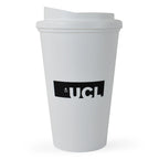 White insulated coffee travel container with lid and black logo printed on the side
