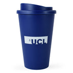 Blue insulated coffee travel container with lid and white logo printed on the side