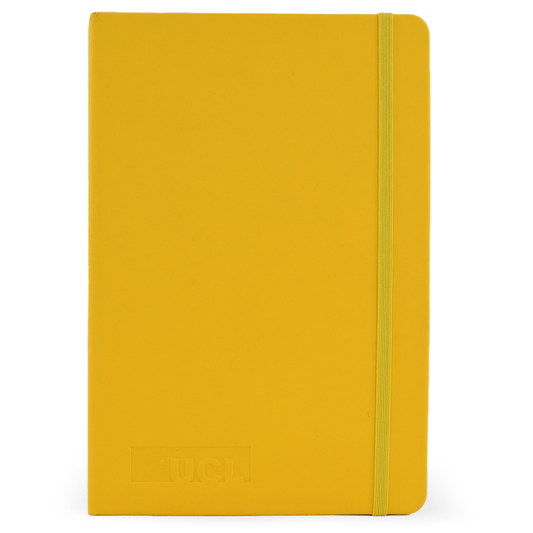 Yellow notebook with a visible brand and logo embossed