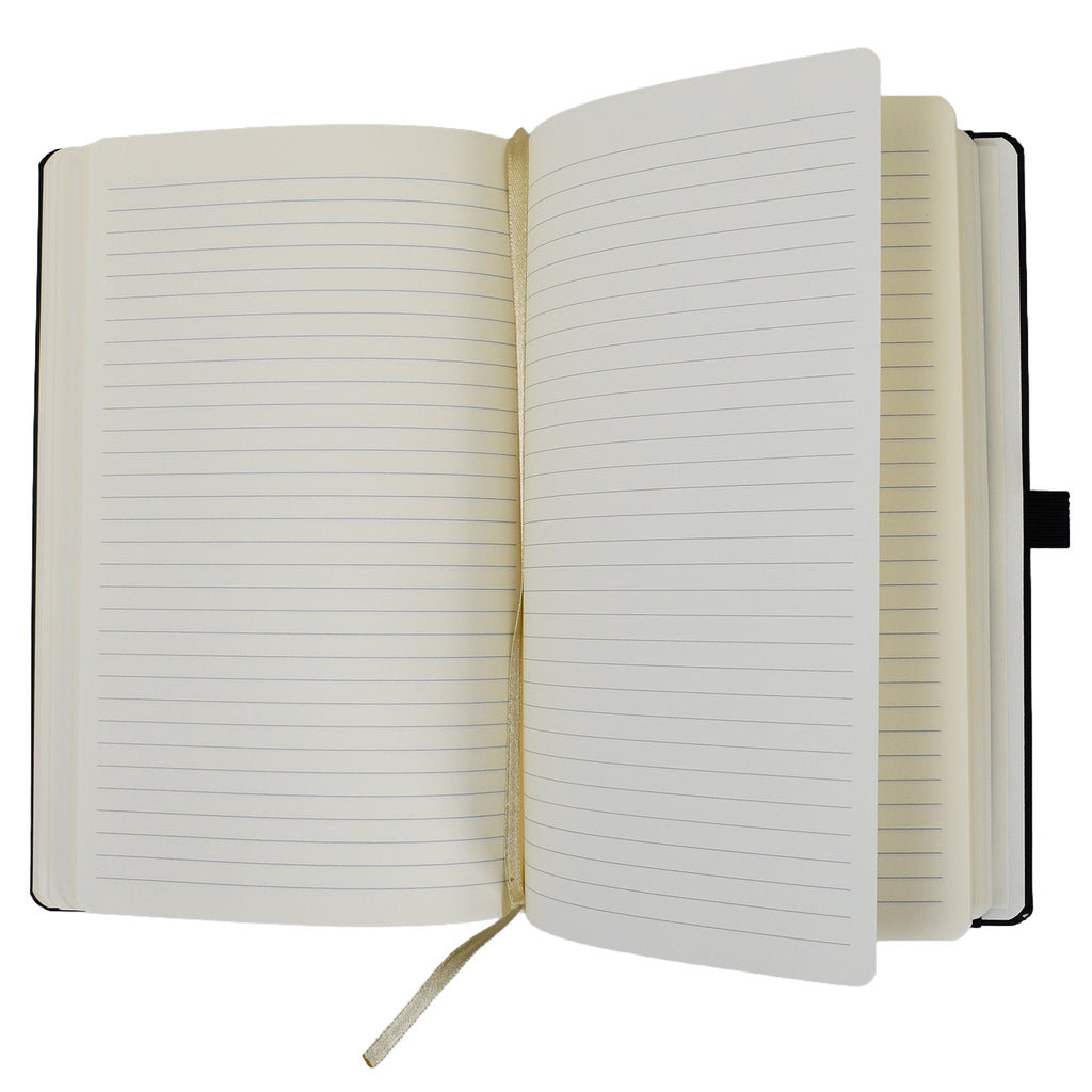 Purple notebook with pillar design and 'UCL200' branding and logo, open with lined pages