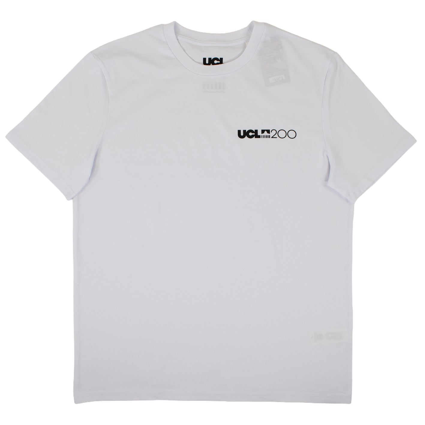 White t-shirt with black text and logo 