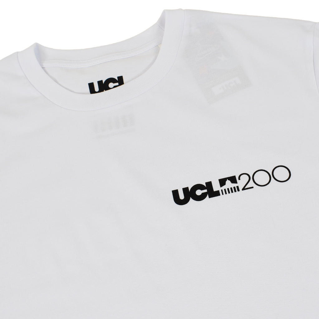 White t-shirt with 'UCL200' logo on chest