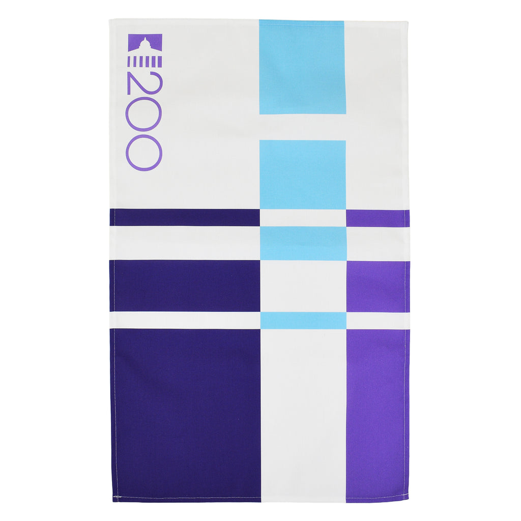 Towel with geometric pattern and brand logo on a white background