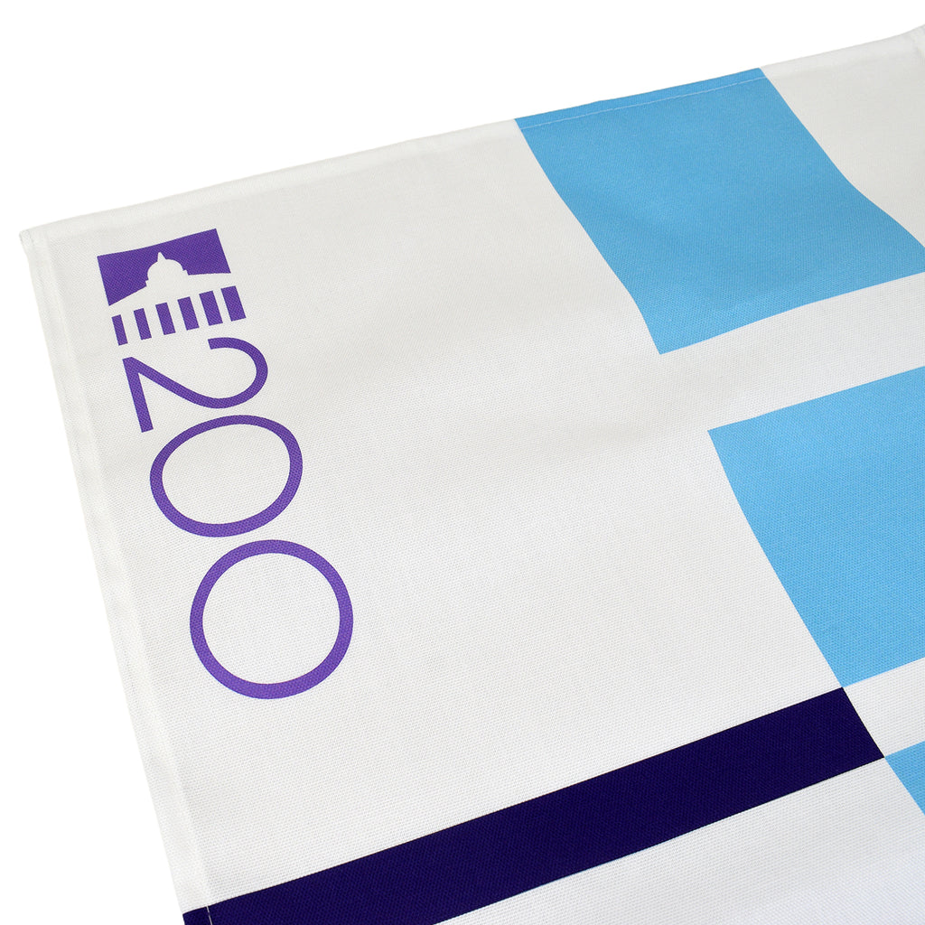 Futuristic flag with geometric design and '200' logo on a white background