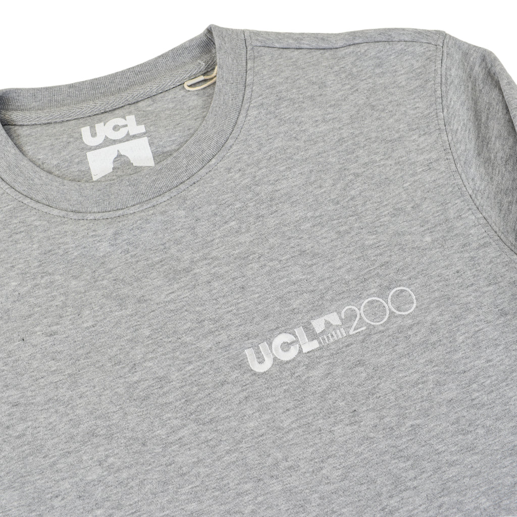 Gray sweatshirt with 'UCL200' logo on chest