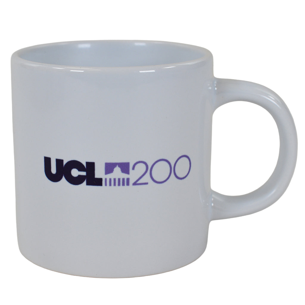 White mug with 'UCL 200' text on a white background