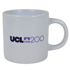 White mug with 'UCL 200' text on a white background