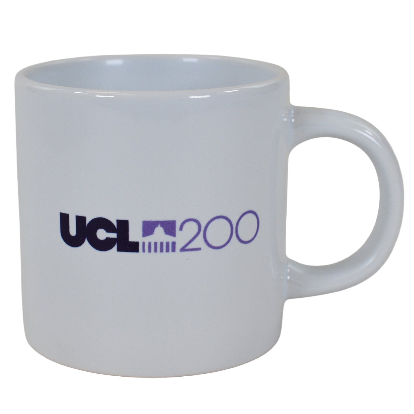 White mug with 'UCL 200' text on a white background