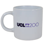 White mug with 'UCL 200' text on a white background