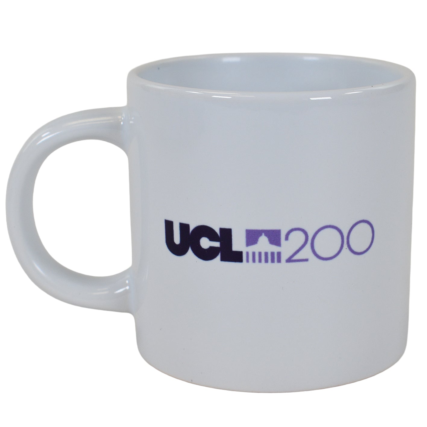 White mug with 'UCL 200' text on a white background