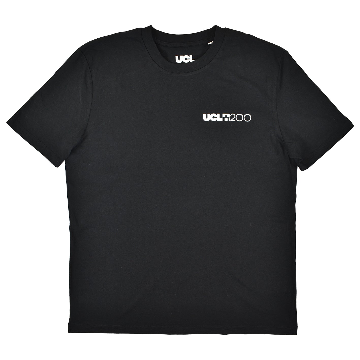 Black t-shirt with 'UCL200' logo on chest