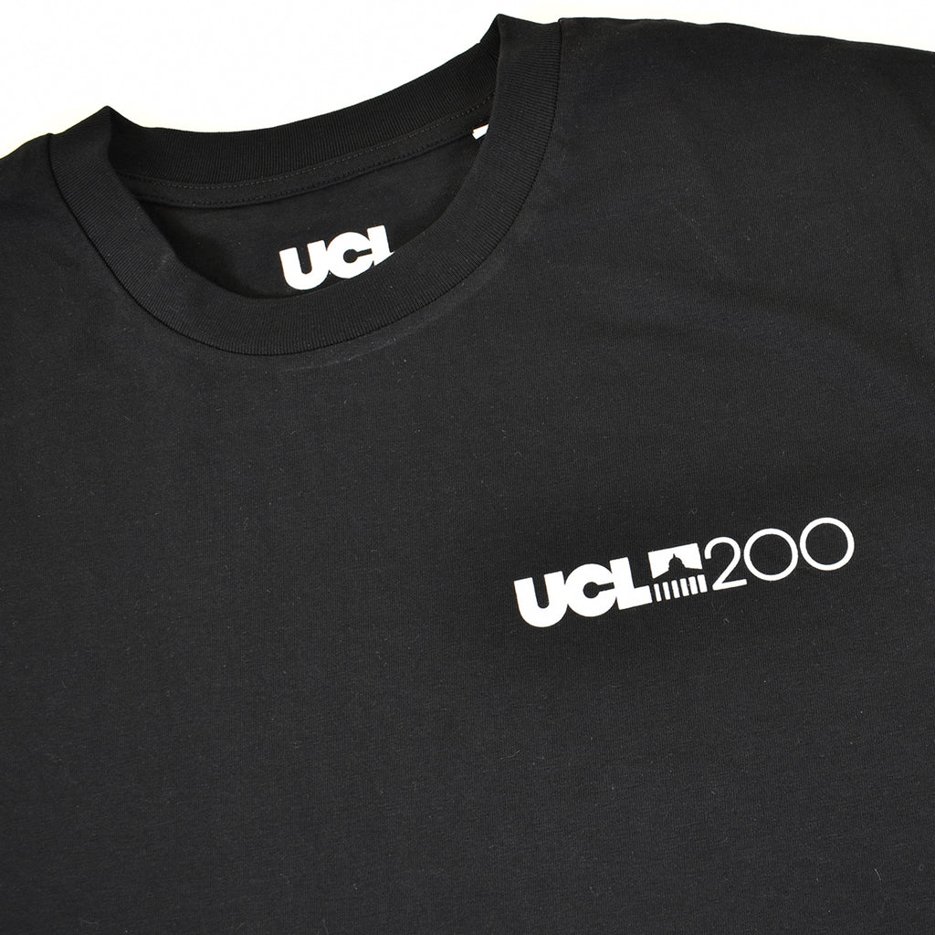 Black t-shirt with 'UCL200' logo on chest