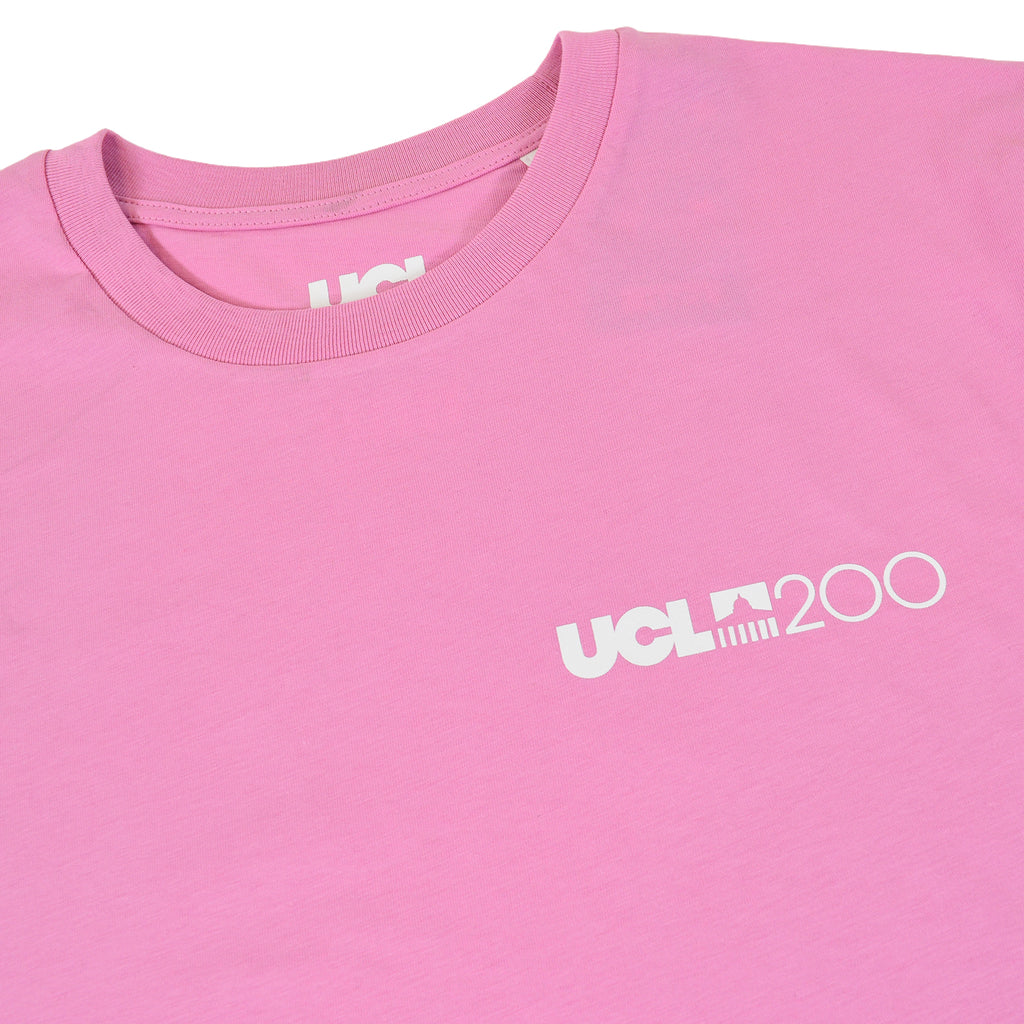 Pink t-shirt with 'UCL200' logo on chest