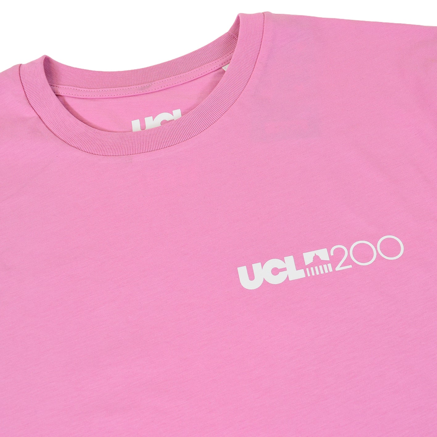 Pink t-shirt with 'UCL200' logo on chest