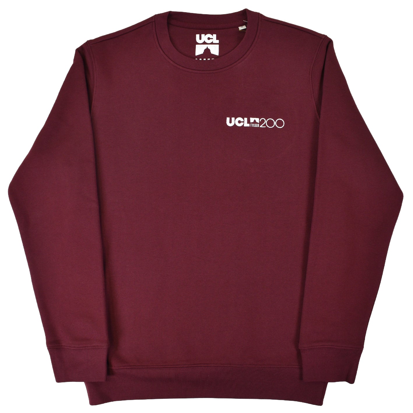 Burgundy sweatshirt with 'UCL200' logo on chest