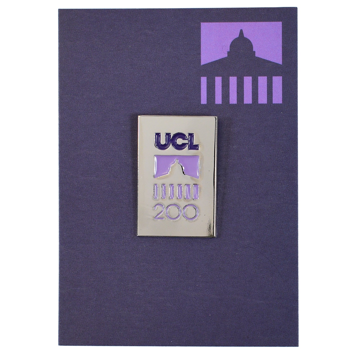 Silver pin badge with 'UCL200' logo on a purple backing card