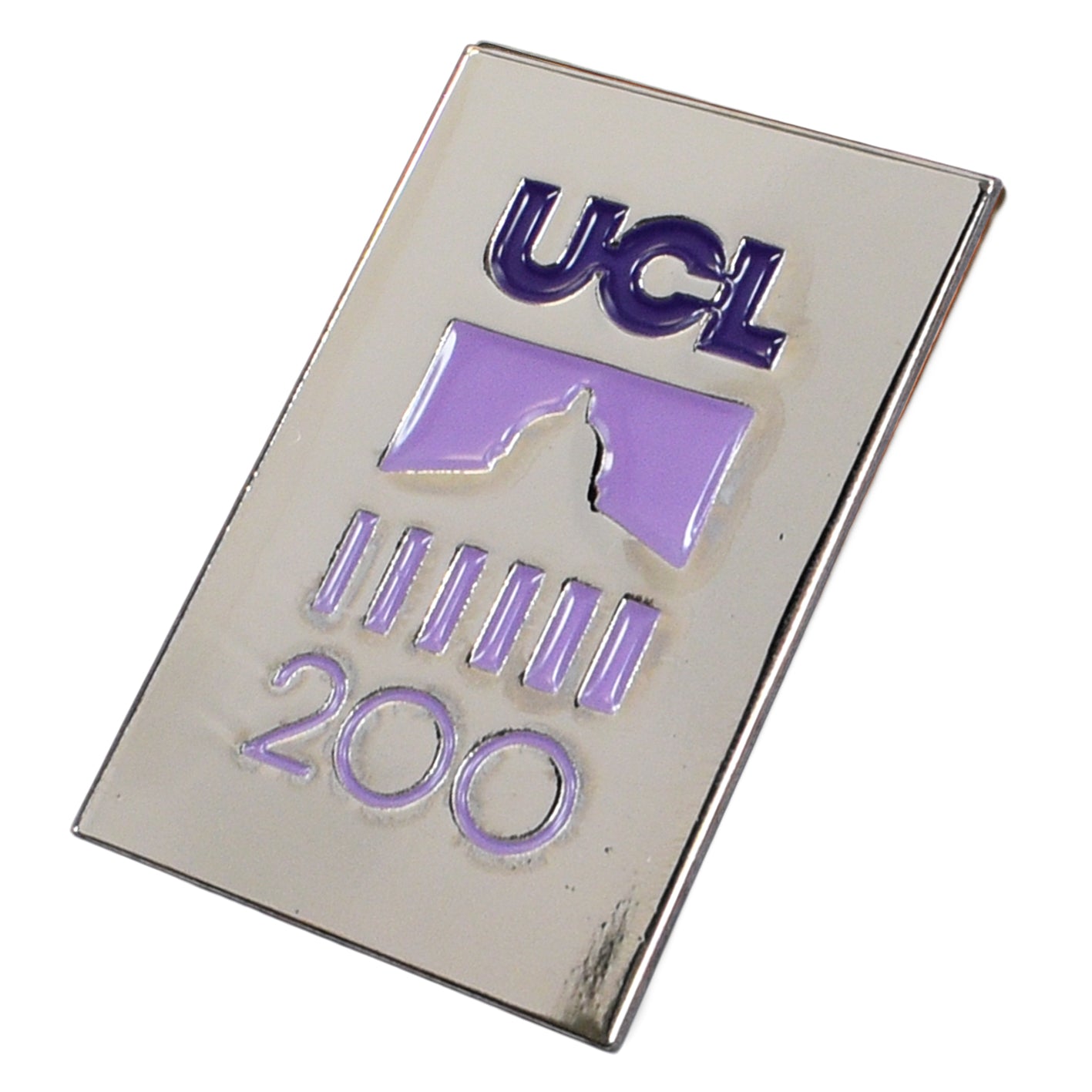 Silver pin badge with 'UCL200' logo 