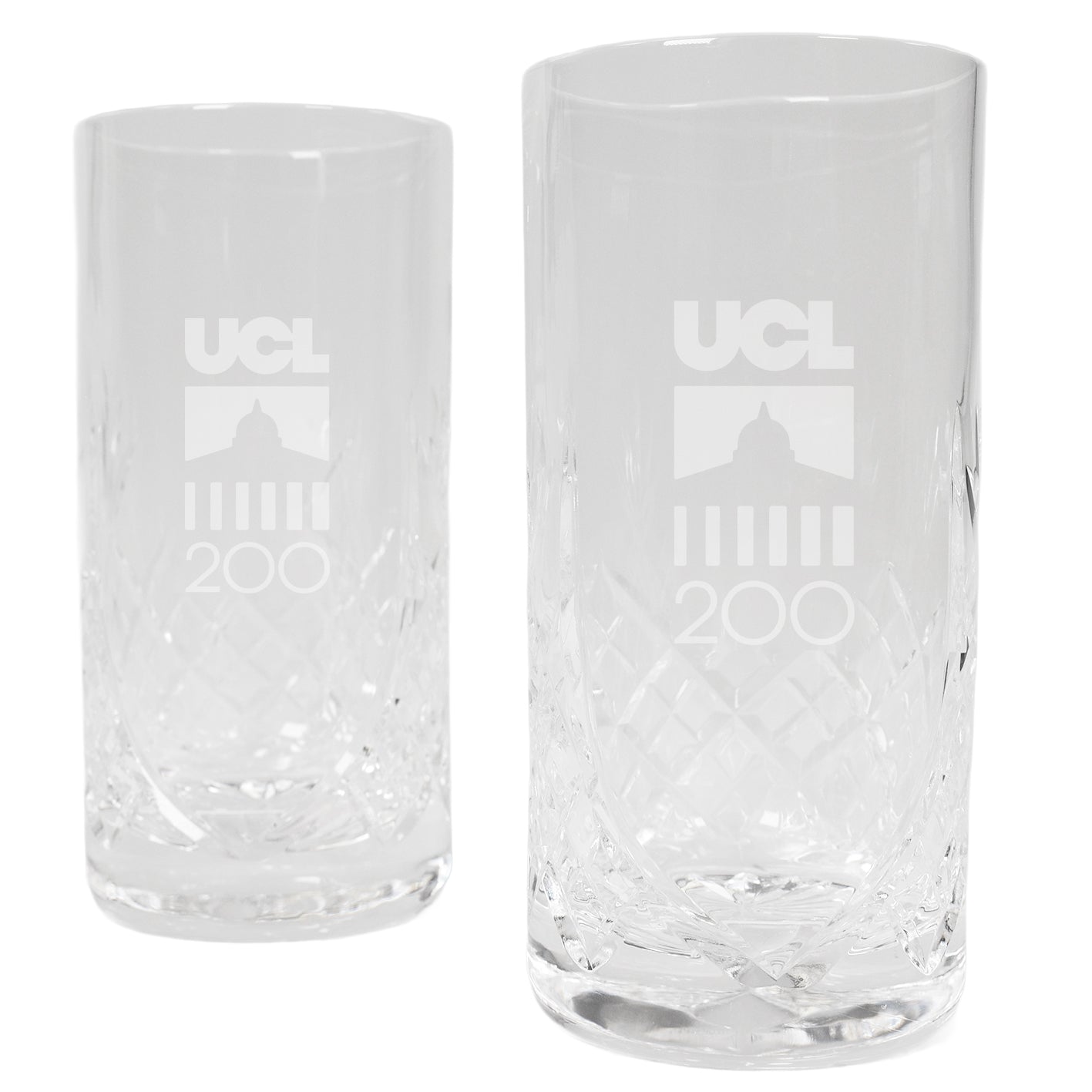 Two clear glasses with 'UCL 200' etching on a white background