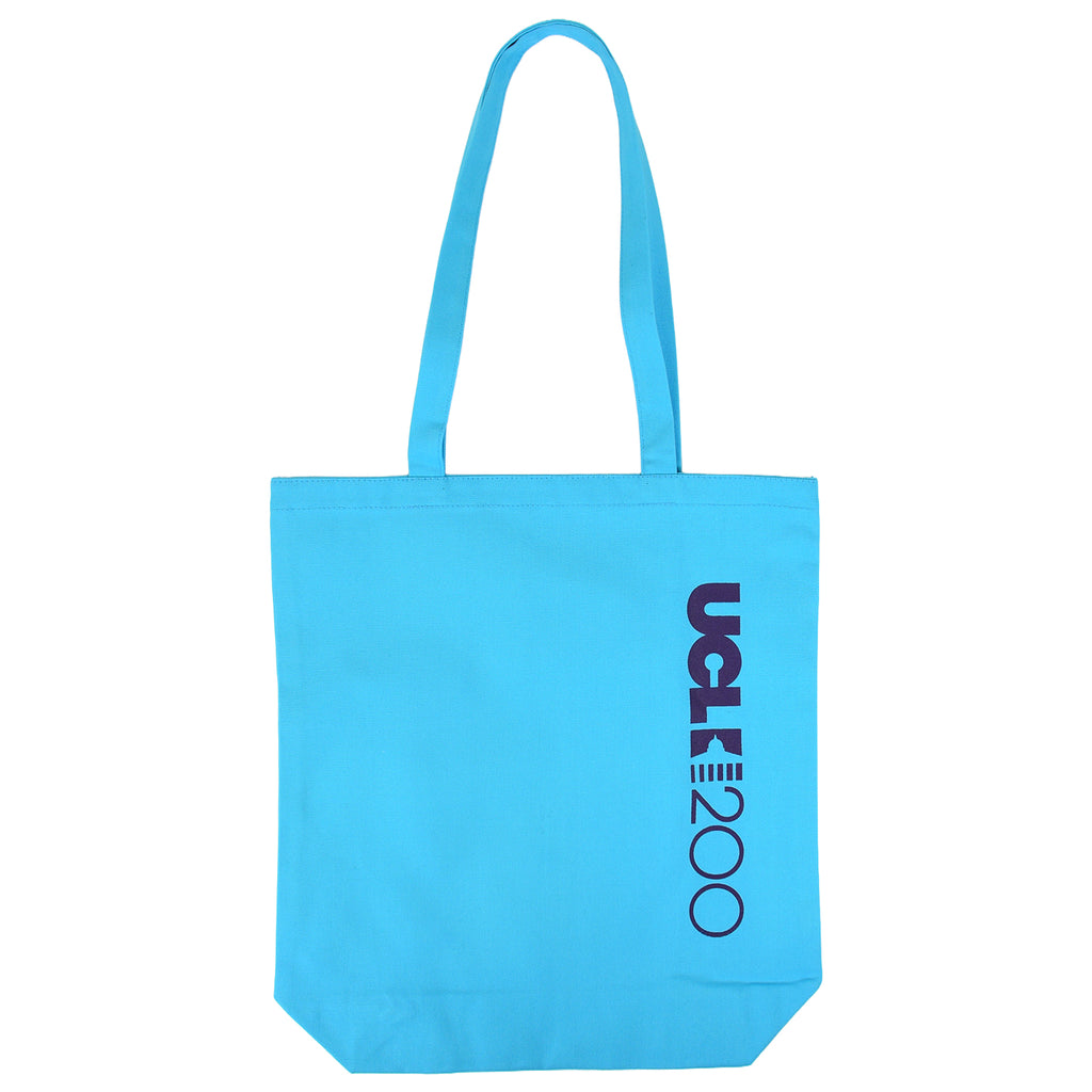 Blue tote bag with 'UCL 200' logo on the right hand size