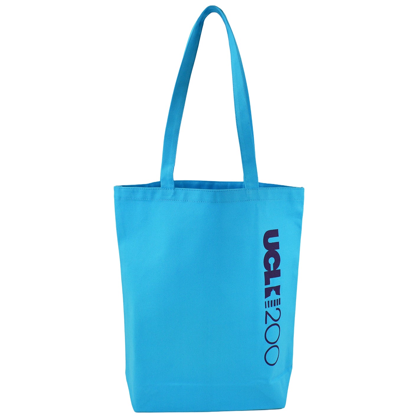 Blue tote bag with 'UCL 200' logo on the right hand size