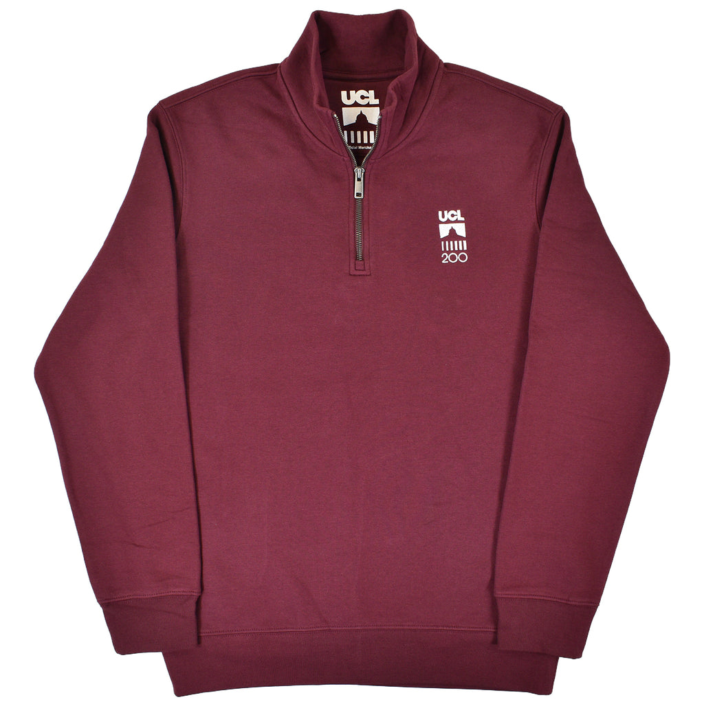 Burgundy quarter zip with UCL 200 logo on chest 