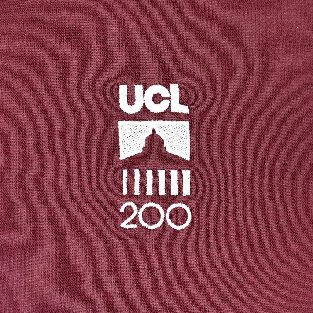 Burgundy quarter zip with close up on UCL 200
