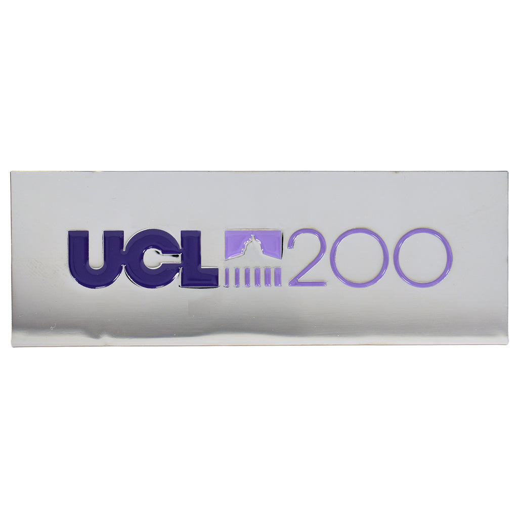 Silver rectangular fridge magnet with 'UCL 200' pillar logo in purple
