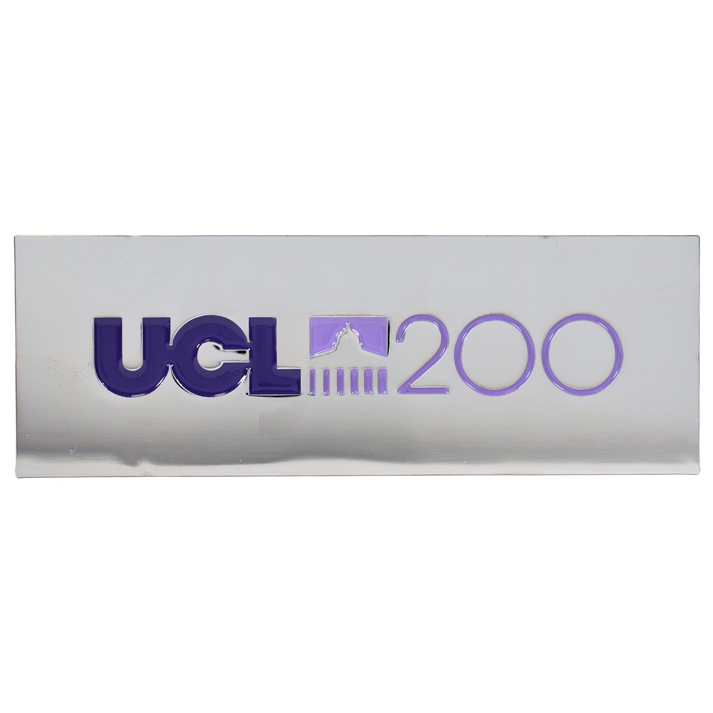 Silver rectangular fridge magnet with 'UCL 200' pillar logo in purple