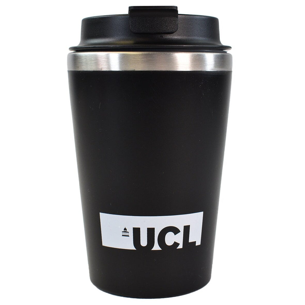 Black insulated mug with white UCL logo 